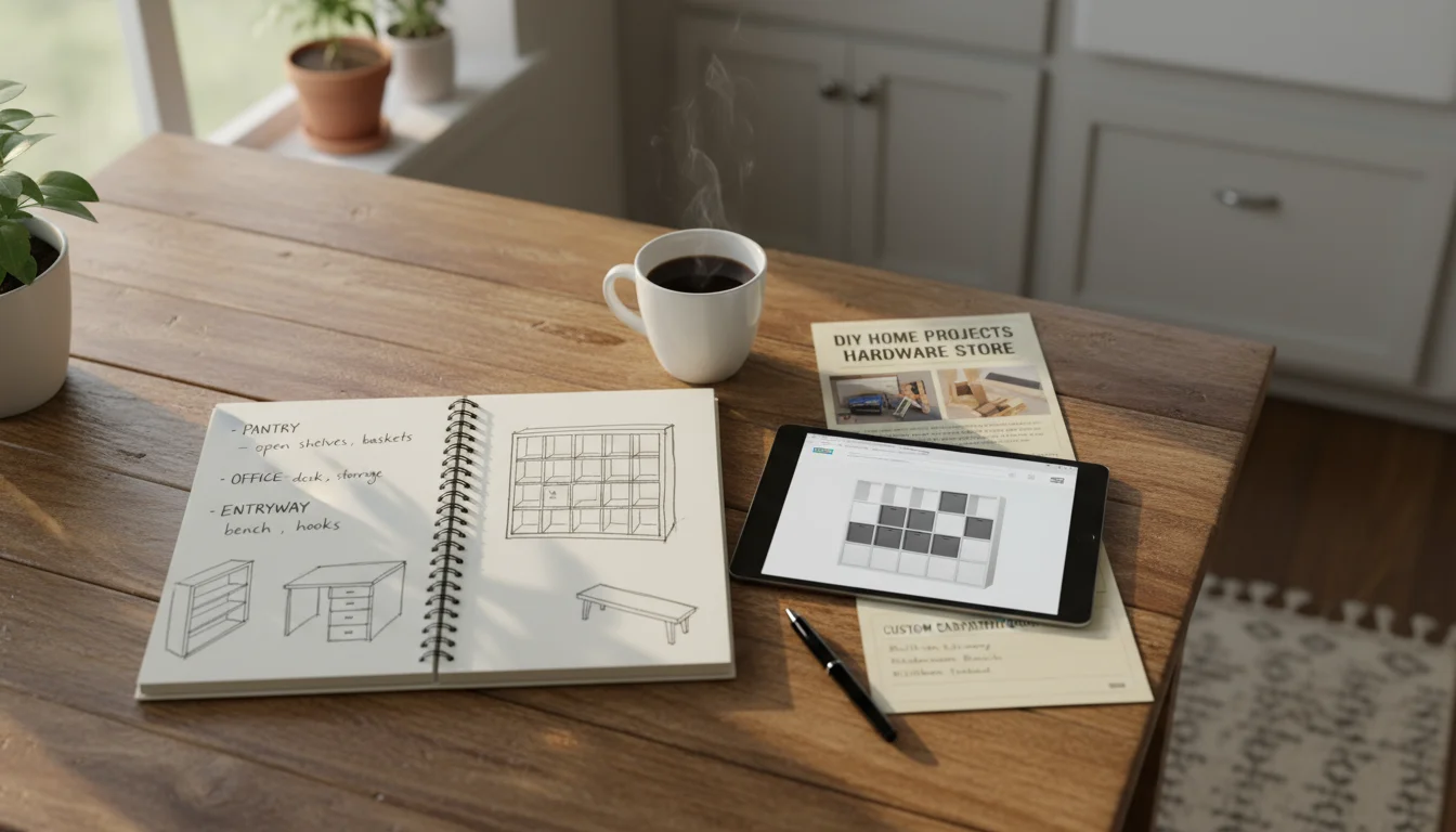 Overhead view of a kitchen table with a notebook listing storage goals, a tablet showing shelving, DIY flyer, and custom quote.