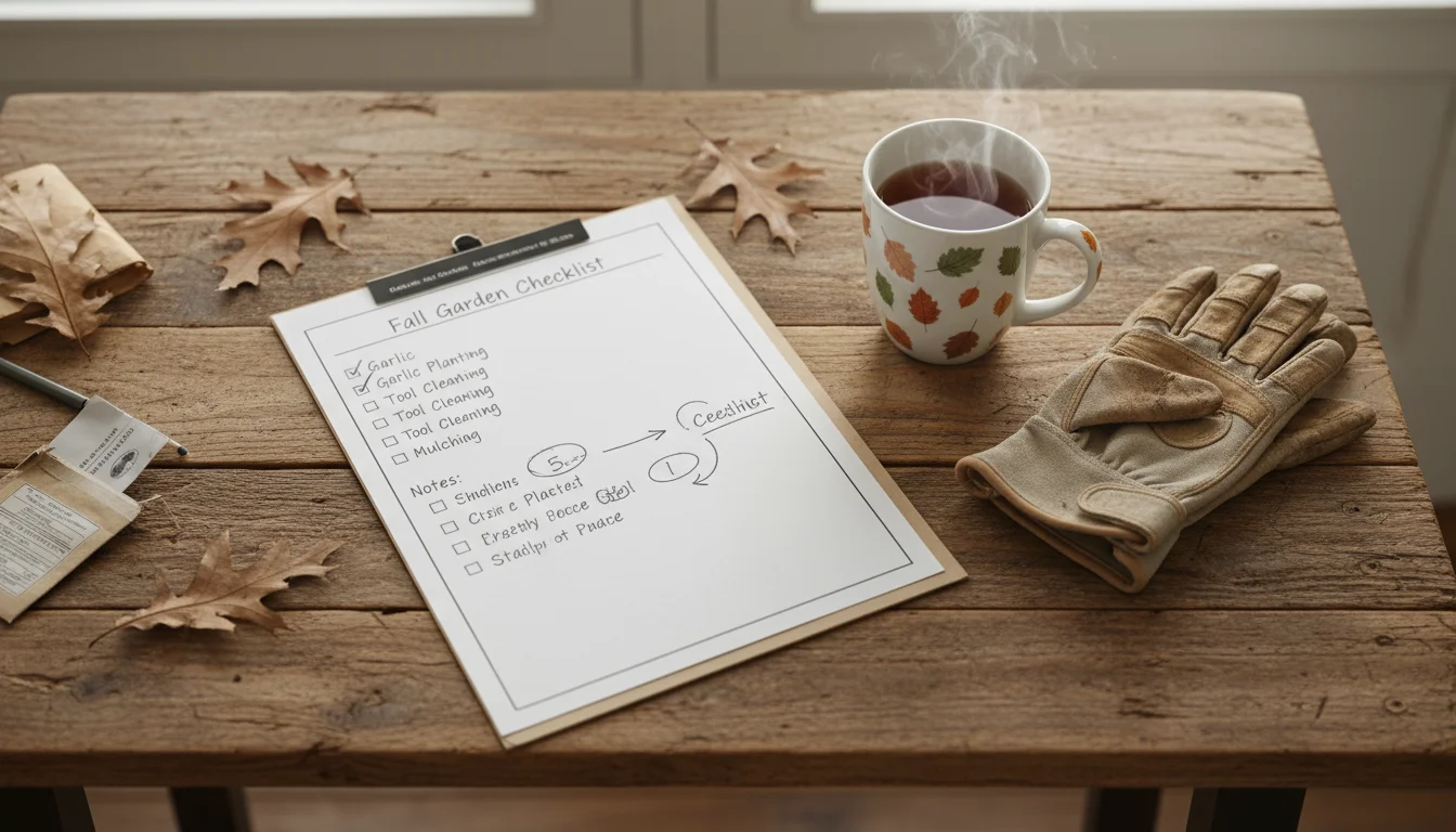 Overhead view of a kitchen table with an open fall garden checklist, a steaming mug, and gardening gloves.