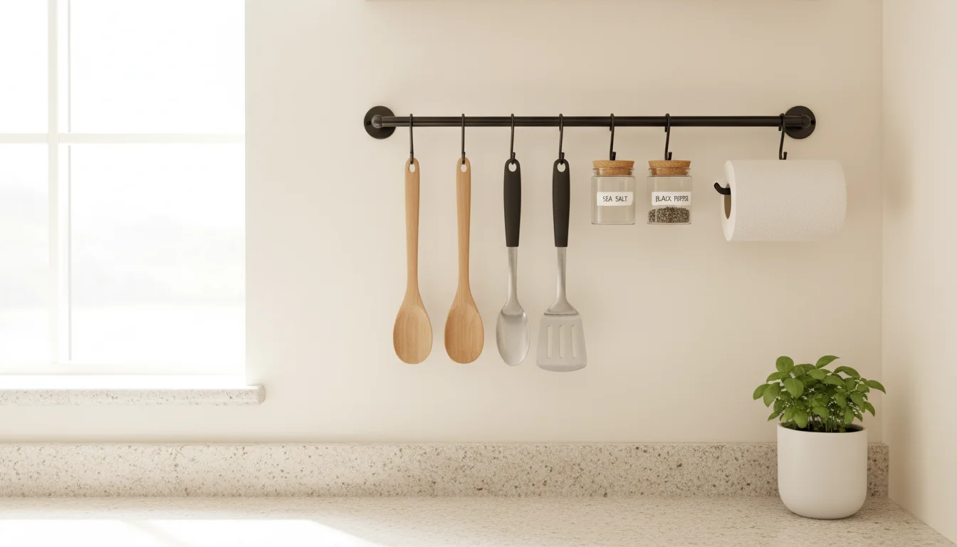Kitchen wall with a mounted black metal rail holding cooking utensils, spice jars, and paper towels. A wooden shelf below holds white plates and a bas