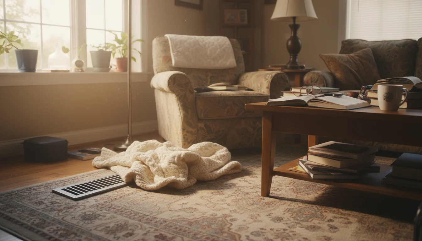 A knitted throw blanket subtly draped over a floor air vent in a cozy, naturally lit living room, partially blocking airflow.