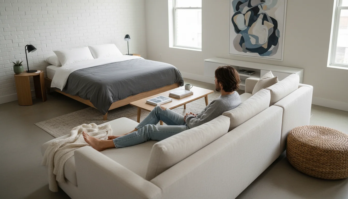 An L-shaped sectional sofa with a person reading on it, dividing a studio apartment's living area from a sleeping nook.