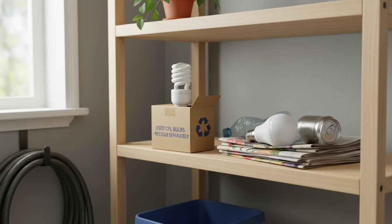 A labeled recycling box for CFL bulbs next to an LED bulb and other recyclables on a clean utility room shelf.