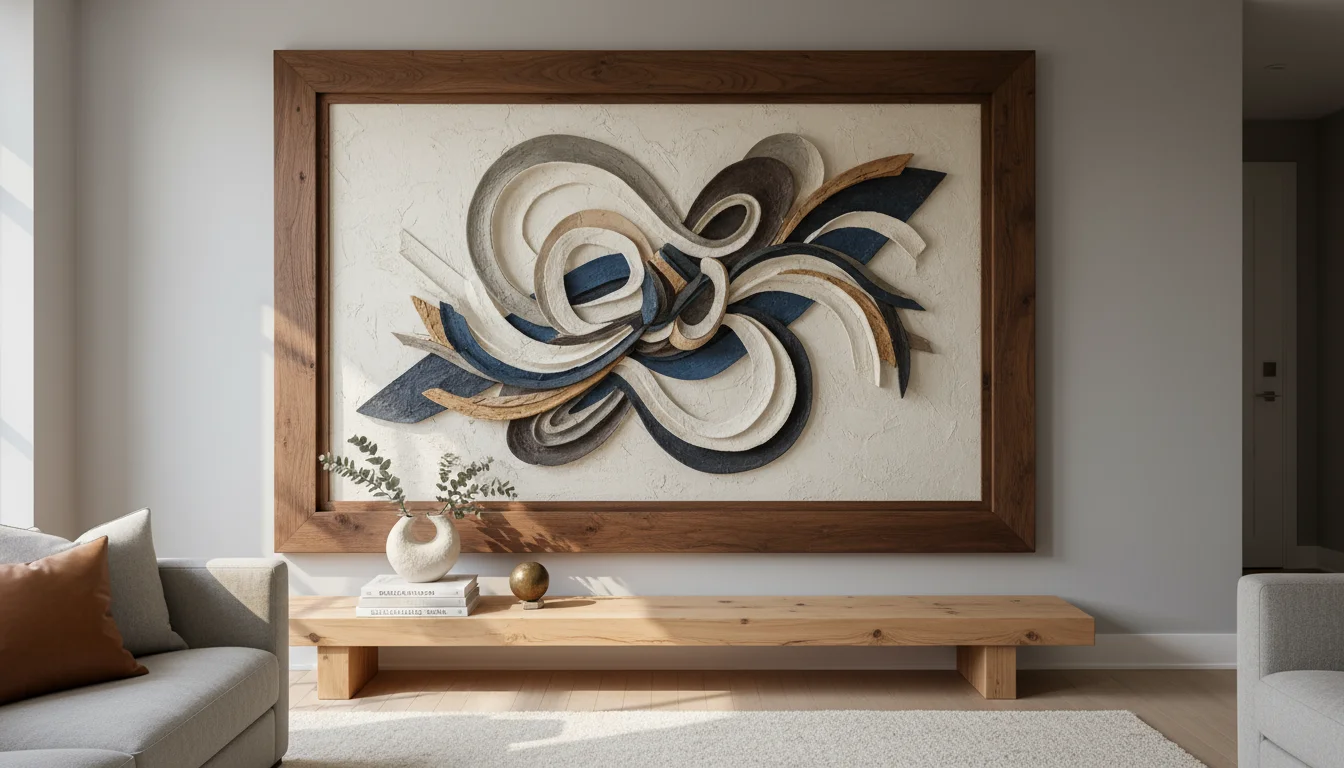 A large, framed abstract art piece with a thick, deep wooden frame hangs prominently on a light grey wall in a cozy apartment living room.