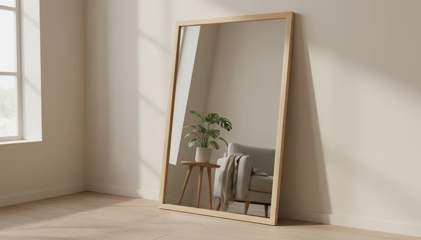 A large, framed mirror leaning against a light wall, reflecting a cozy armchair with a throw and a houseplant on a table.