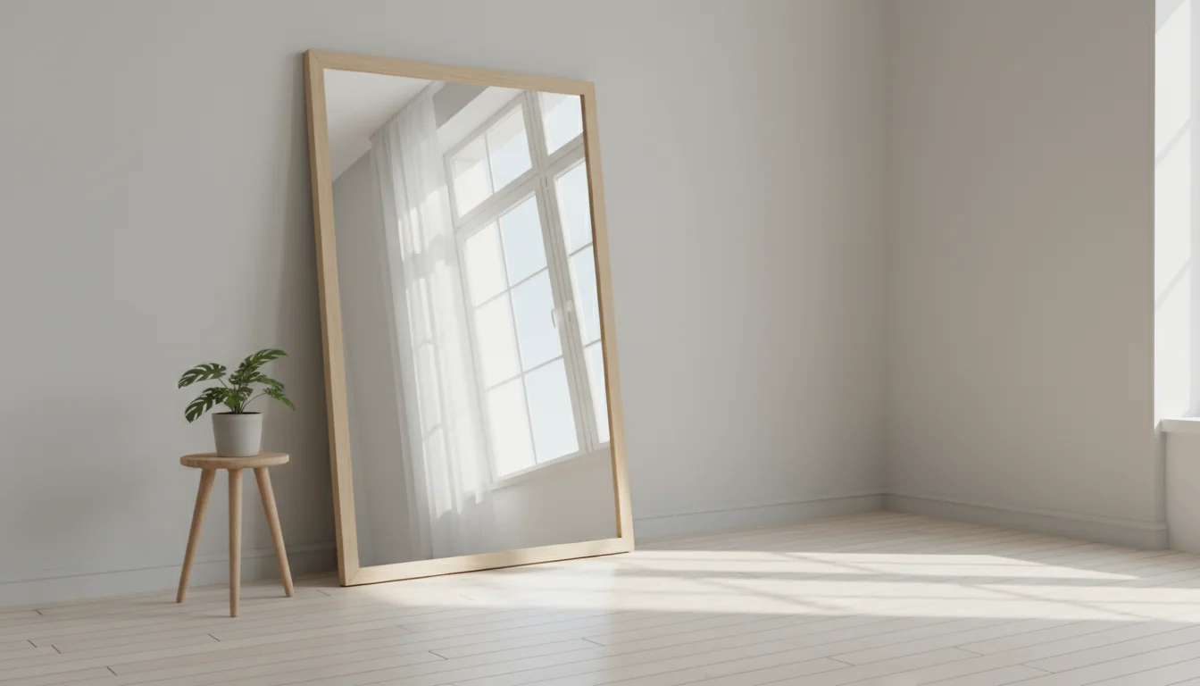 Large light-framed mirror leaning against a pale wall in a bright studio, reflecting a window and enhancing perceived space and light.