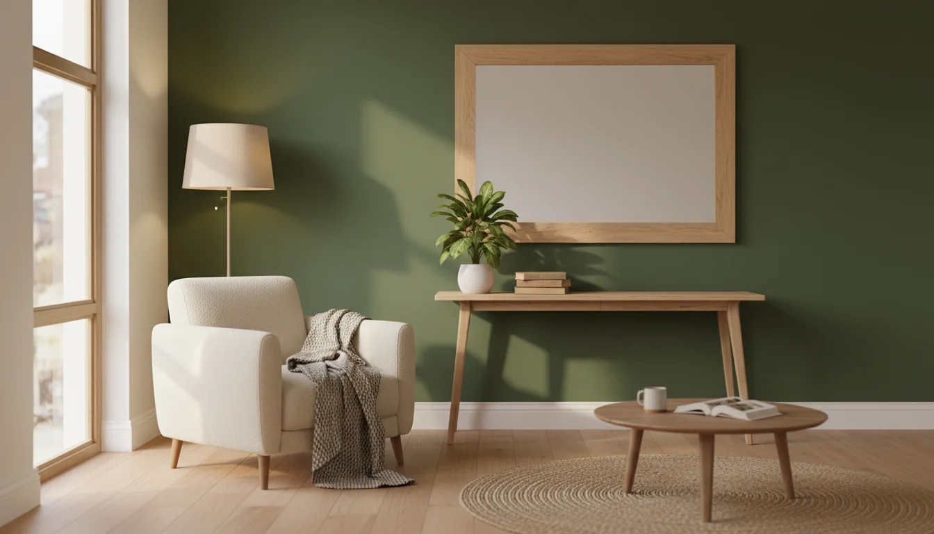 A large mirror with a simple wooden frame hangs on a deep olive green accent wall, reflecting light in a cozy living room.