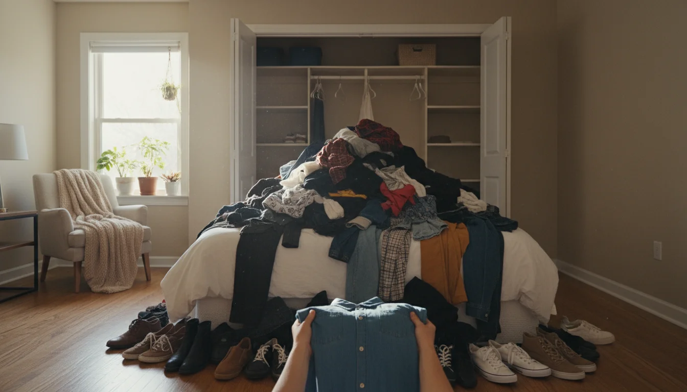 A large pile of clothes, shoes, and accessories covers a bed in front of an empty, open closet. Hands add another item.