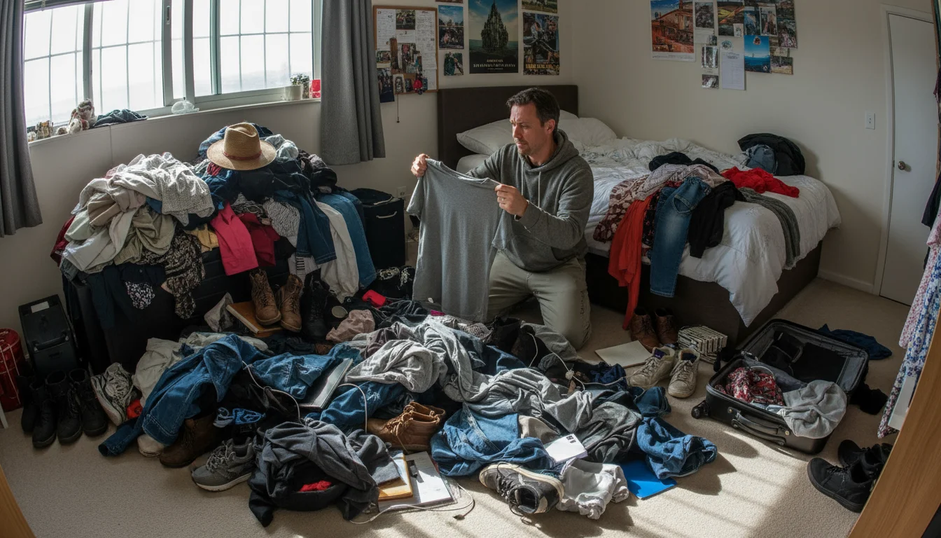 A wide, slightly elevated view of a large pile of clothes, shoes, and items covering a bedroom floor. A person kneels in the center.