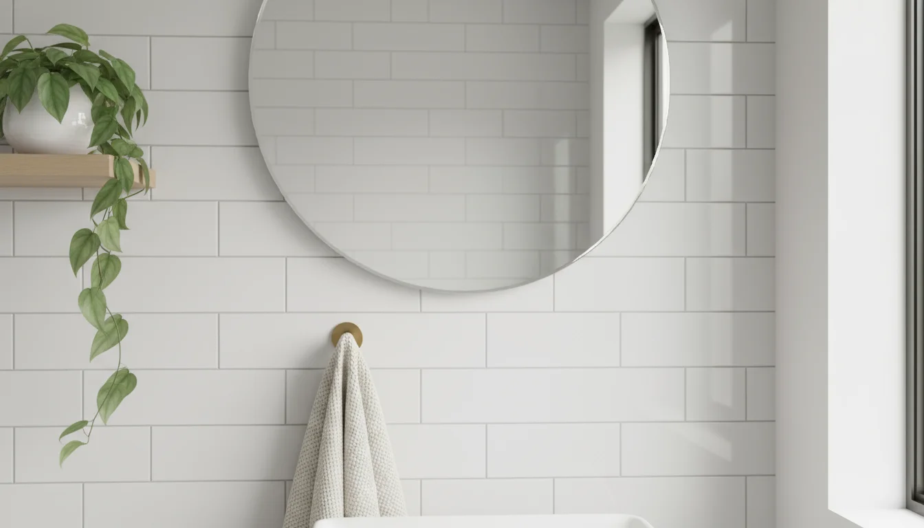 A large, round, frameless mirror on a light-textured bathroom wall reflects a houseplant. Below it, a single hook holds a neatly rolled linen hand tow