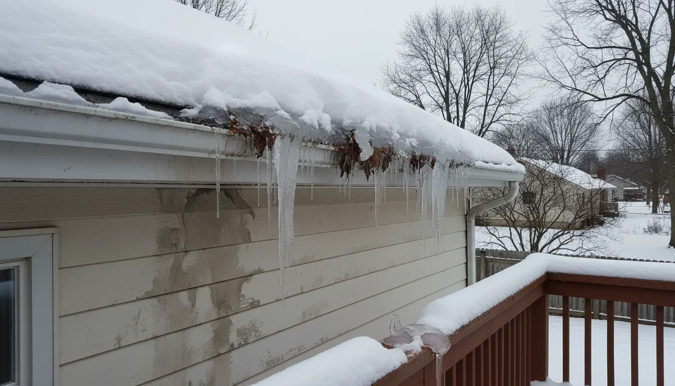 A large, uneven ice dam clinging to a snow-covered gutter on a house, with dark water stains on the siding below.