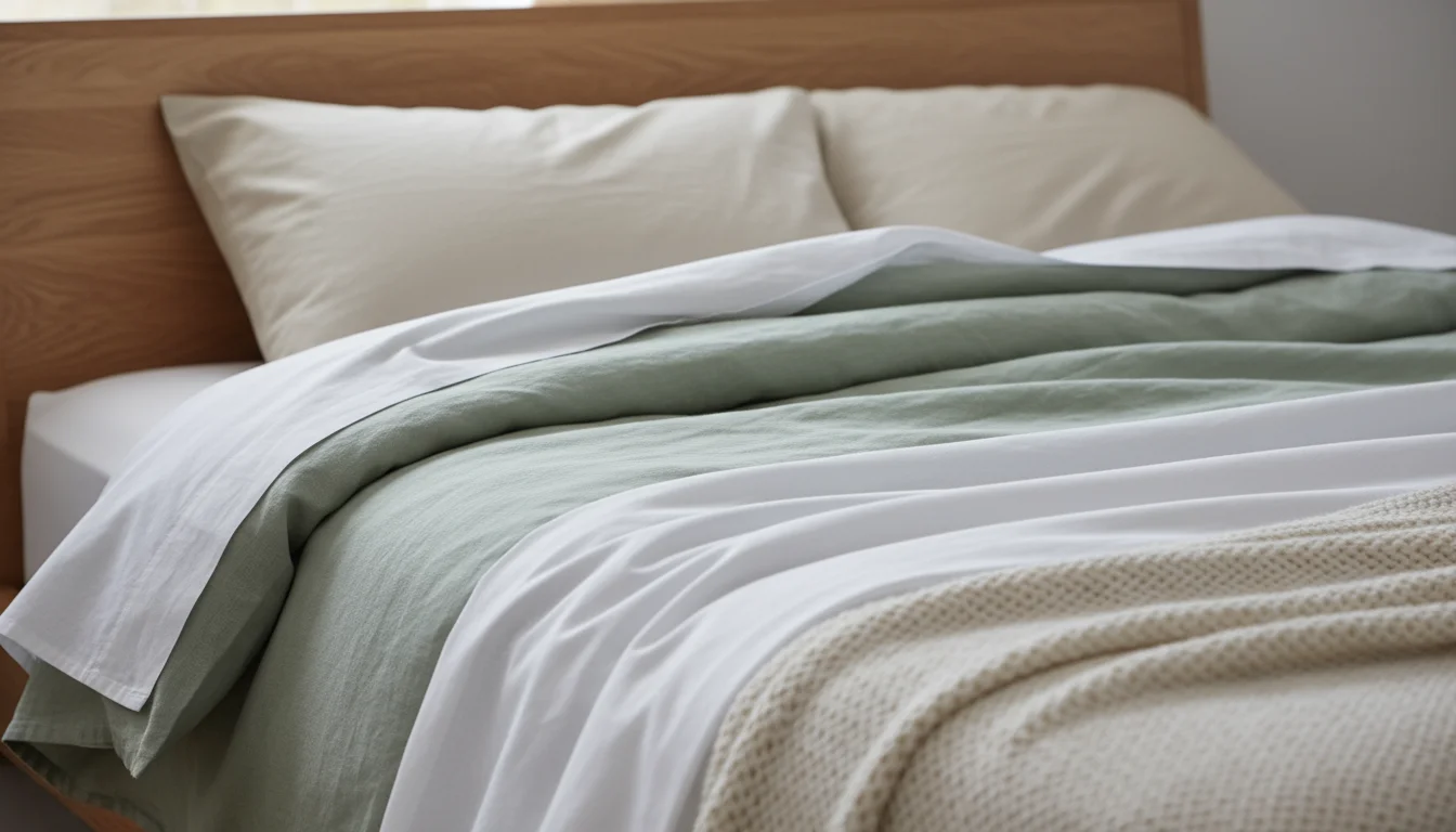 Close-up of layered bed linens: white cotton sheets under a sage green linen duvet, with a corner of a plump pillow visible.