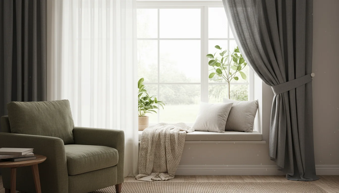 Layered window treatments with sheer curtains and heavy drapes in a cozy room, sunlight diffusing through sheers.