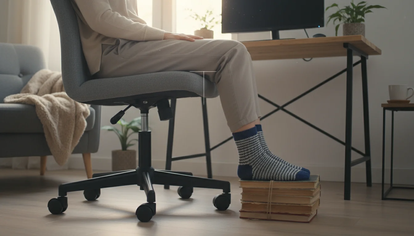 Legs and feet of a person seated in an office chair, showing feet flat on a footrest and knees at a 90-degree angle.