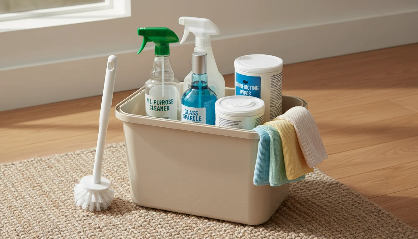A light-colored cleaning caddy on a jute rug, holding spray bottles, wipes, a toilet brush, and folded microfiber cloths.