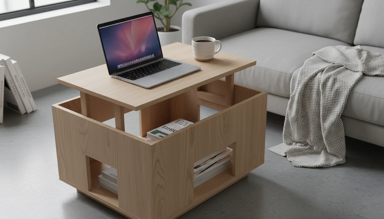 A light-colored convertible coffee table in a studio apartment, raised to a desk height with a laptop and mug, also providing storage.