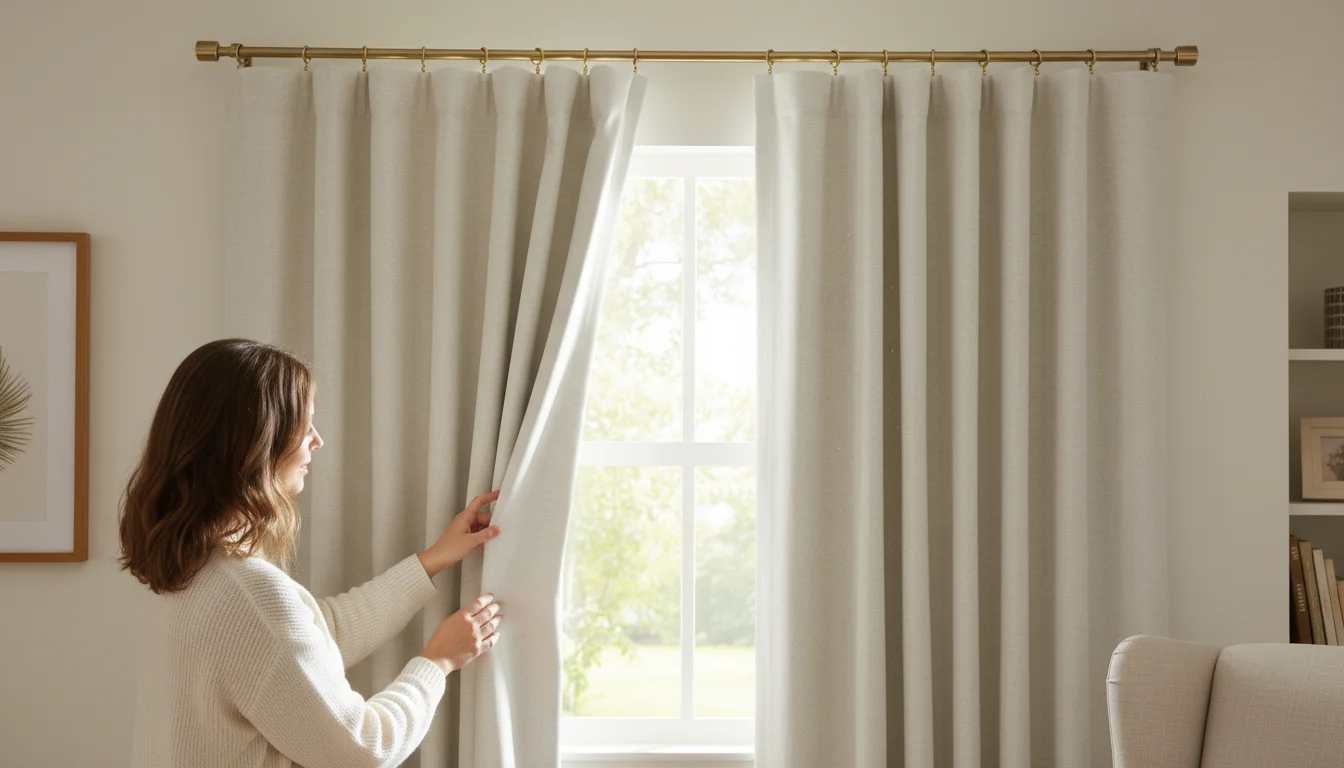 Close-up of light cream linen-blend curtains on a window. A woman's hand smooths a fold, showing generous fullness and texture in natural light.
