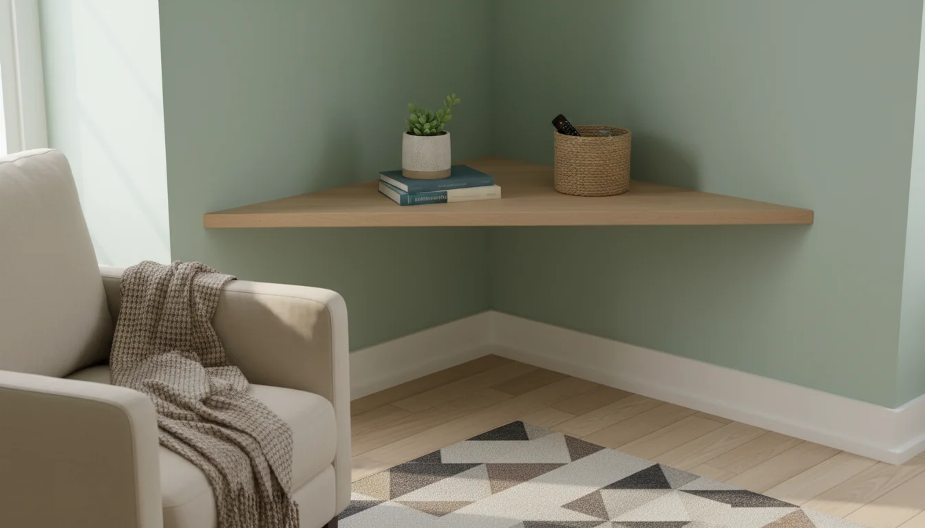 A light wood, custom-cut shelf fits perfectly into an acute-angled corner of a sage green wall, holding a plant, books, and a basket.