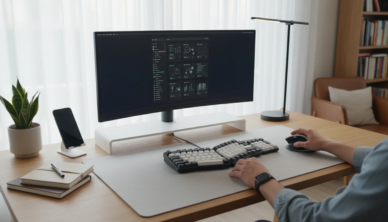 Eye-level view of a light wood desk with an ergonomically set-up monitor, keyboard, and mouse. Person's hands rest naturally on the keyboard.