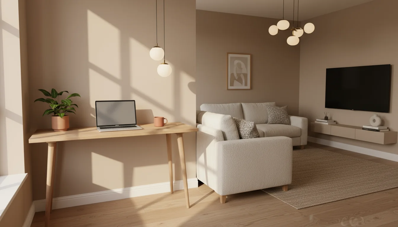 A light wood desk perpendicular to a wall divides a studio apartment. On the desk are a laptop, plant, and mug, with an armchair in the foreground.