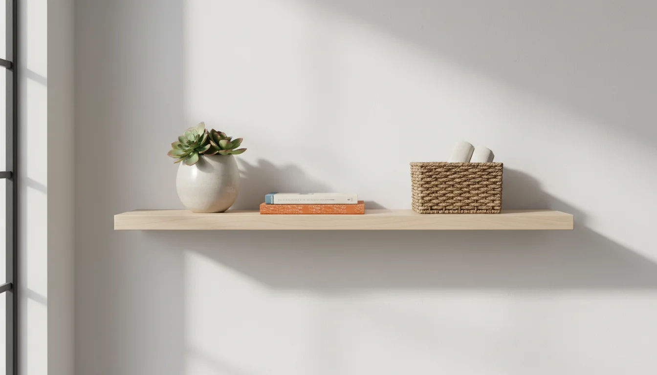 A light wood floating shelf on a pale wall, holding a green succulent, two books, and a woven basket.