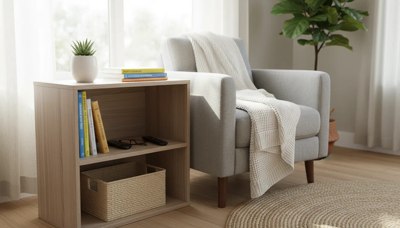 Light wood modular corner shelving unit organized with a succulent, books, and a woven basket, in a cozy living room nook.