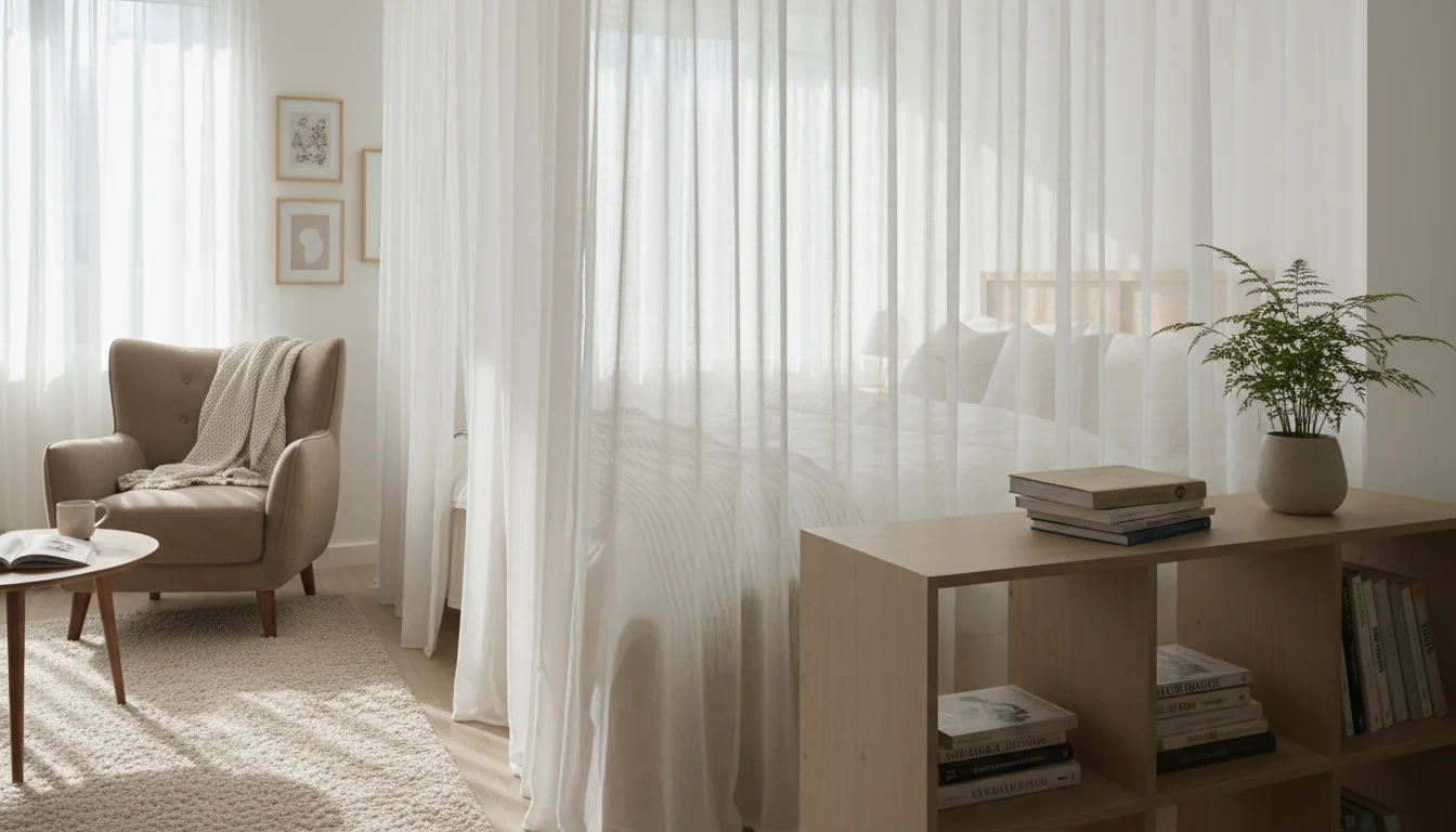 Light wood open-backed shelving unit and sheer white curtains effectively divide a studio apartment's living area from its sleeping nook.