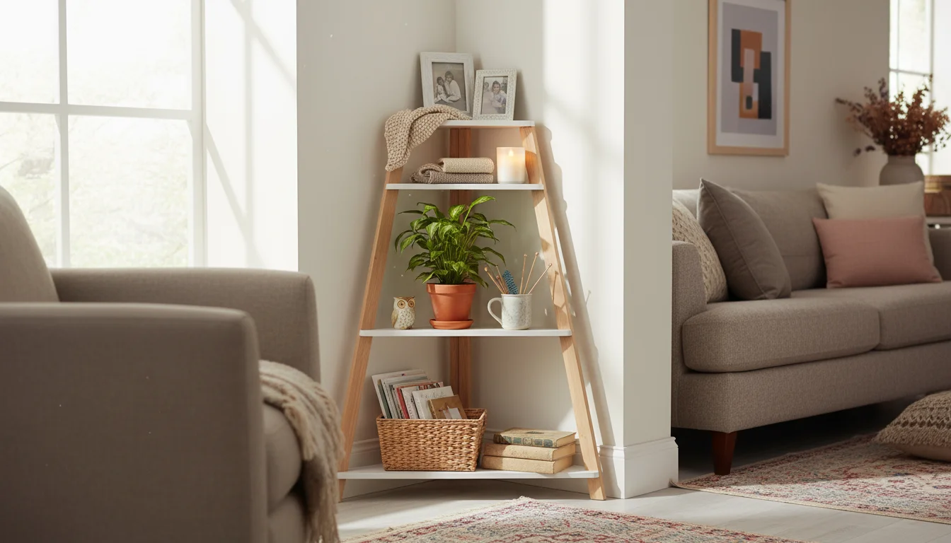 Eye-level view of a light wood and white freestanding corner shelf unit in a cozy living room. A child places a toy on a shelf filled with books and p