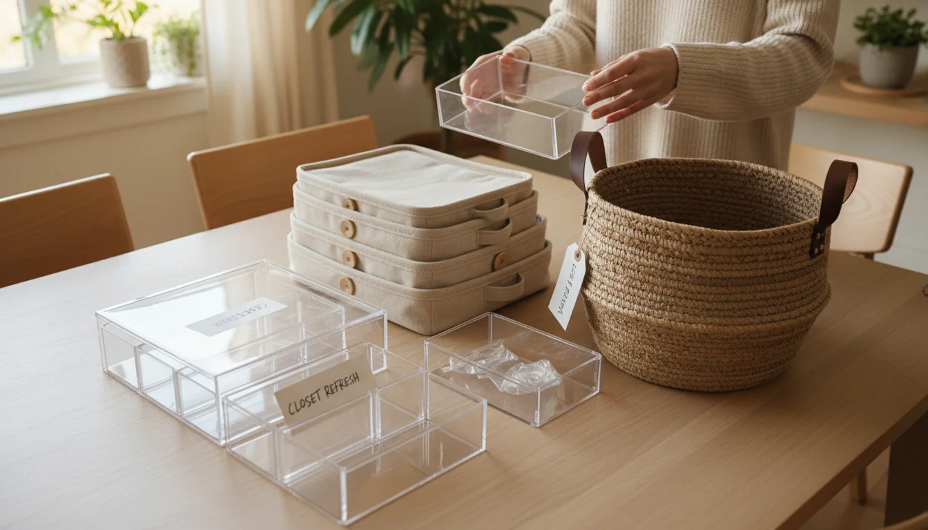 Overhead view of a light wooden table displaying new clear drawer organizers, natural linen bins, and a used woven basket, with a hand touching a bin.