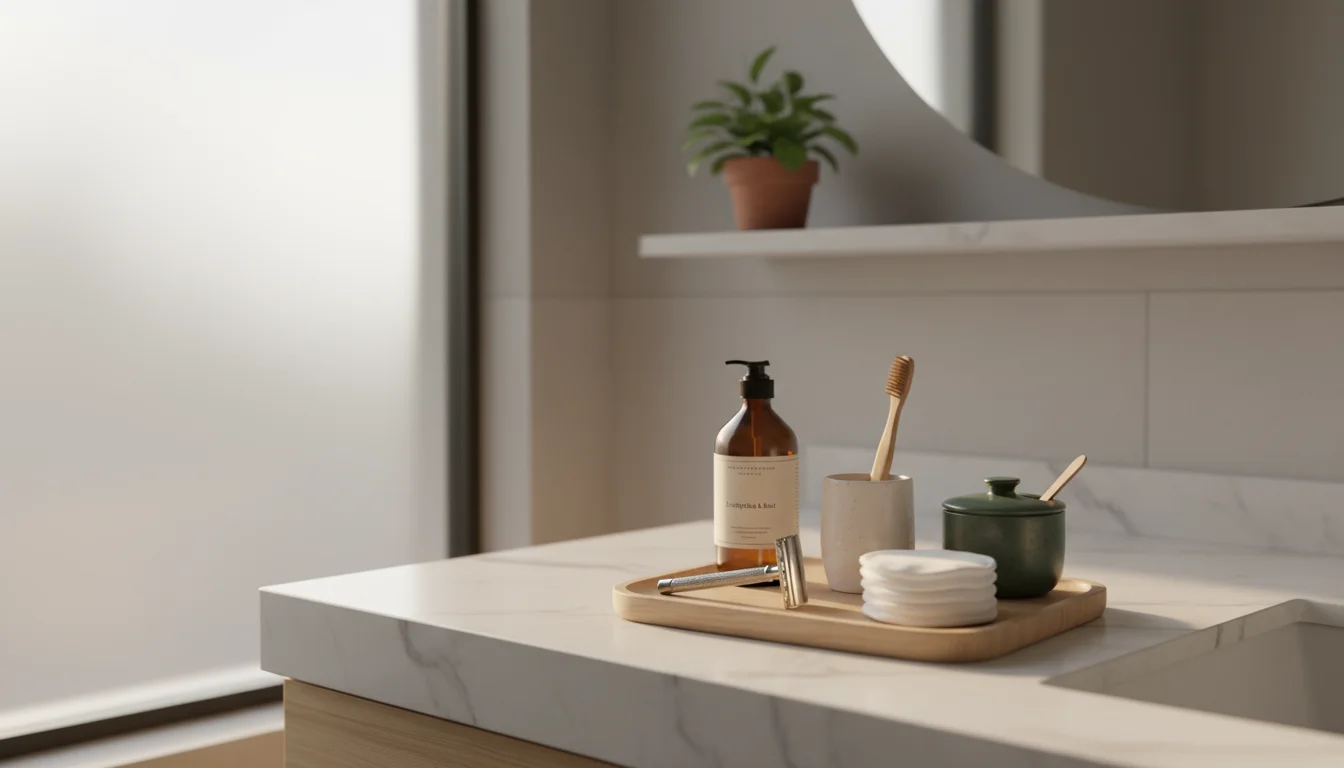 Light wooden tray on a bathroom counter with a metal safety razor, bamboo toothbrush, stacked reusable cotton pads, and a natural loofah. Soft light.