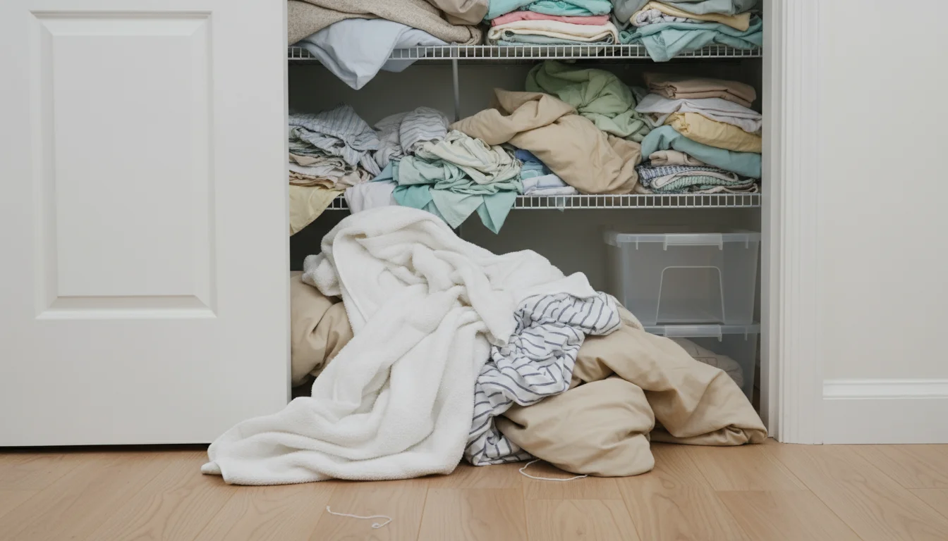A linen closet with its door slightly open, overflowing with a pile of clean towels and sheets on the floor. Shelves inside are crammed.