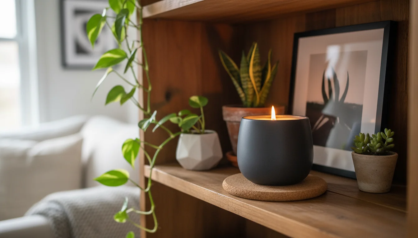 Lit ceramic candle on a cork trivet on a wooden bookshelf, with ample clear space above.
