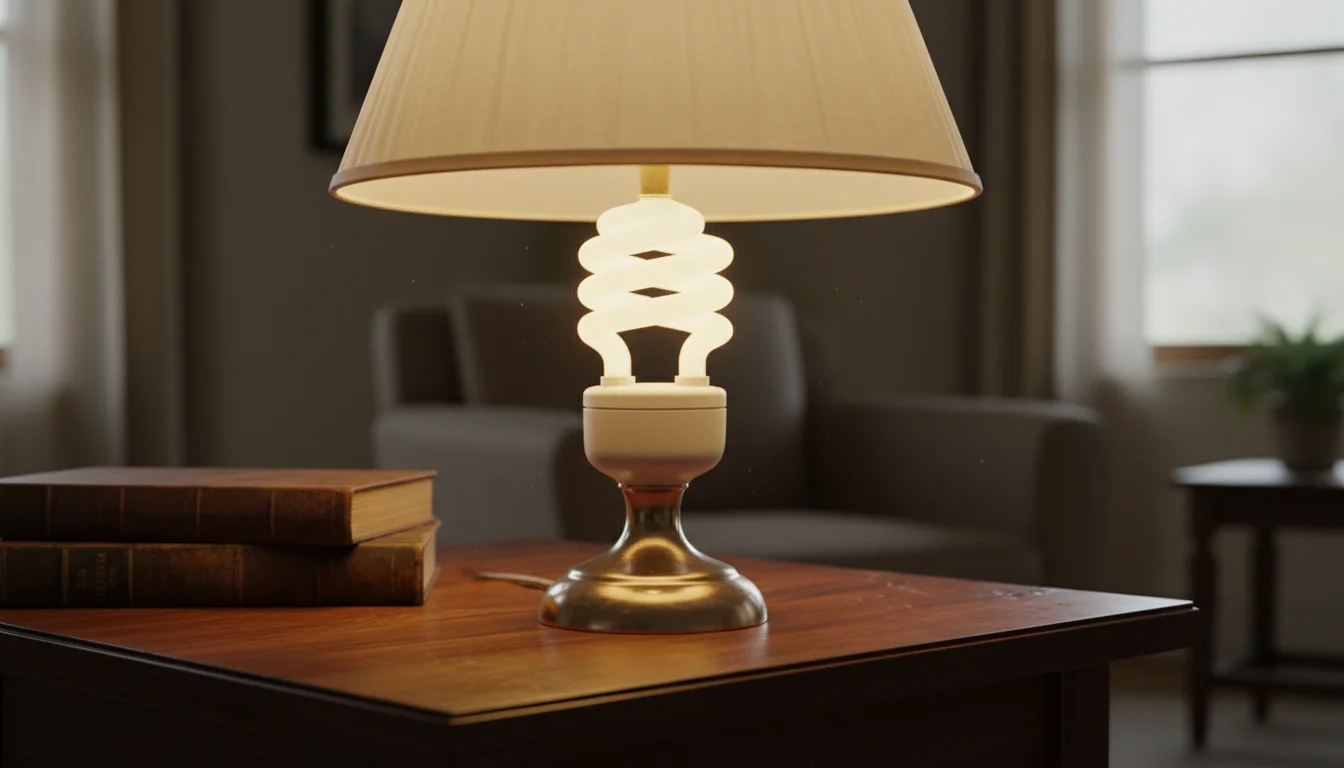 A lit CFL bulb with its distinctive spiral shape visible inside a classic fabric-shade table lamp on a dark wood side table.
