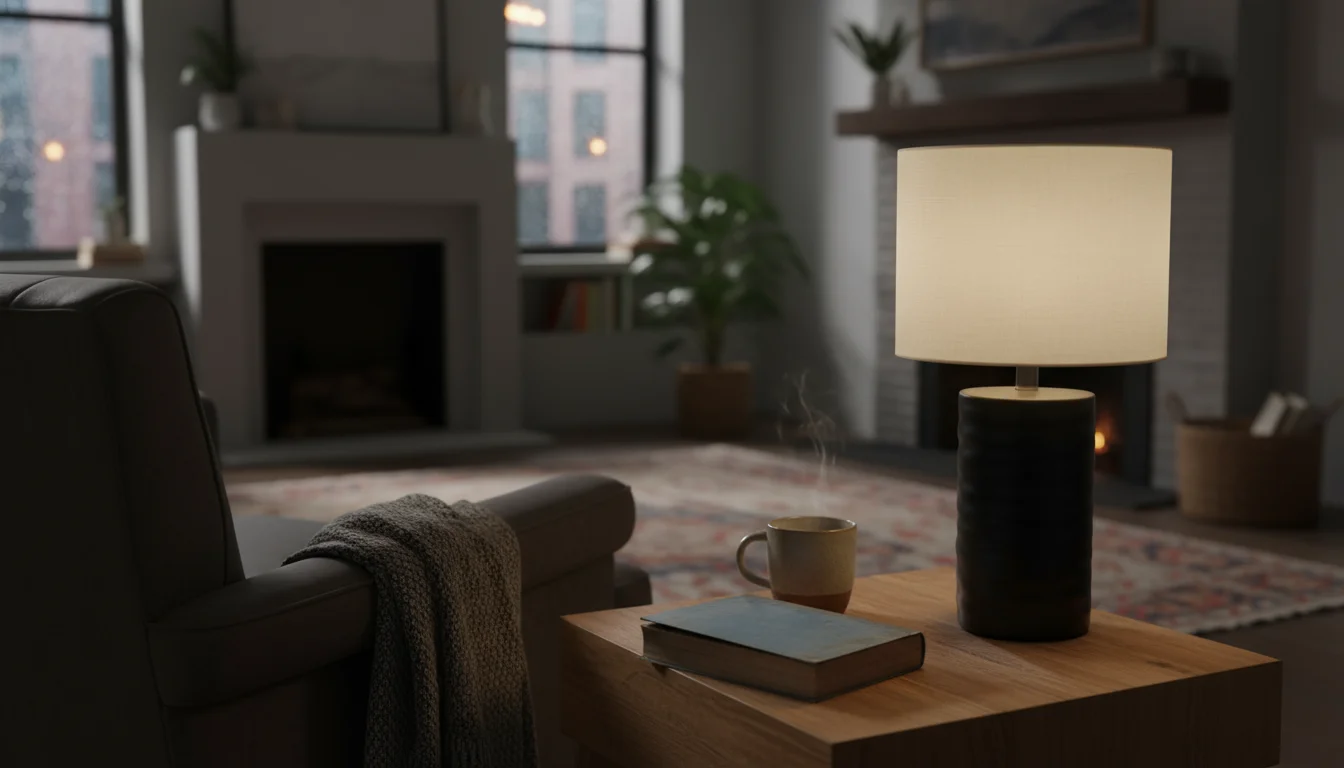A lit table lamp with a cream linen shade and black base on a wooden side table, illuminating a book and mug from a seated perspective.