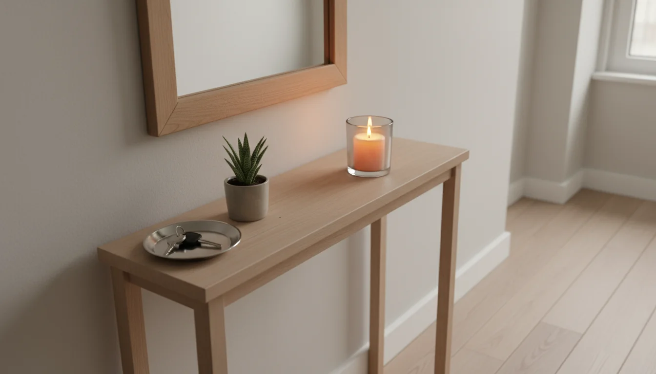 A lit votive candle on a small wooden console table, reflected in a rectangular mirror, in a compact entryway with a key tray.