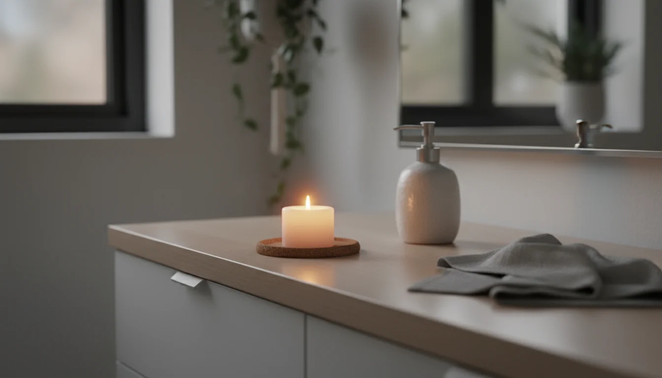 A lit white pillar candle on a cork coaster sits on a light wood bathroom vanity next to soap and a folded towel, creating a calm glow.