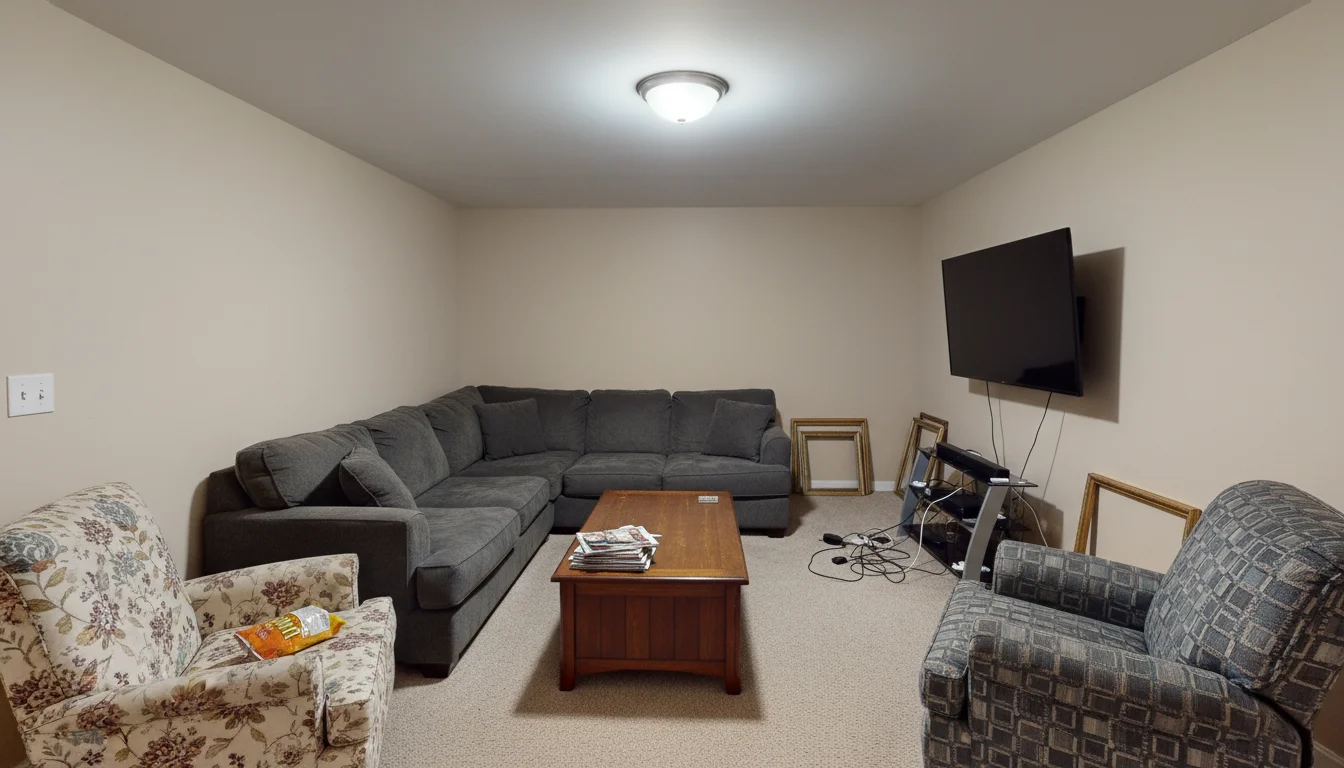 A living room showing common furniture arrangement mistakes: sofa against wall, chairs far apart, large empty space in center.