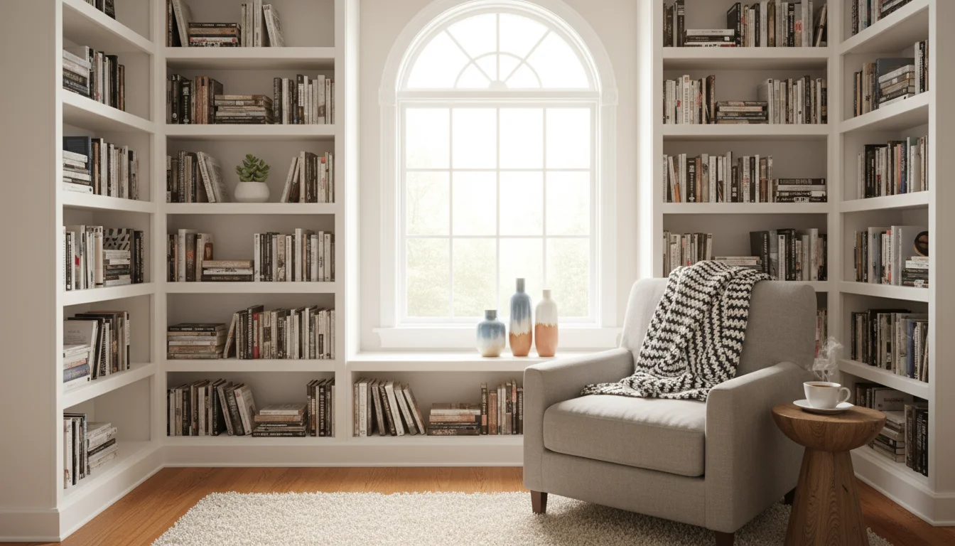 A living room corner with built-in white bookshelves seamlessly integrated around a window, filled with books and decor, next to an armchair.