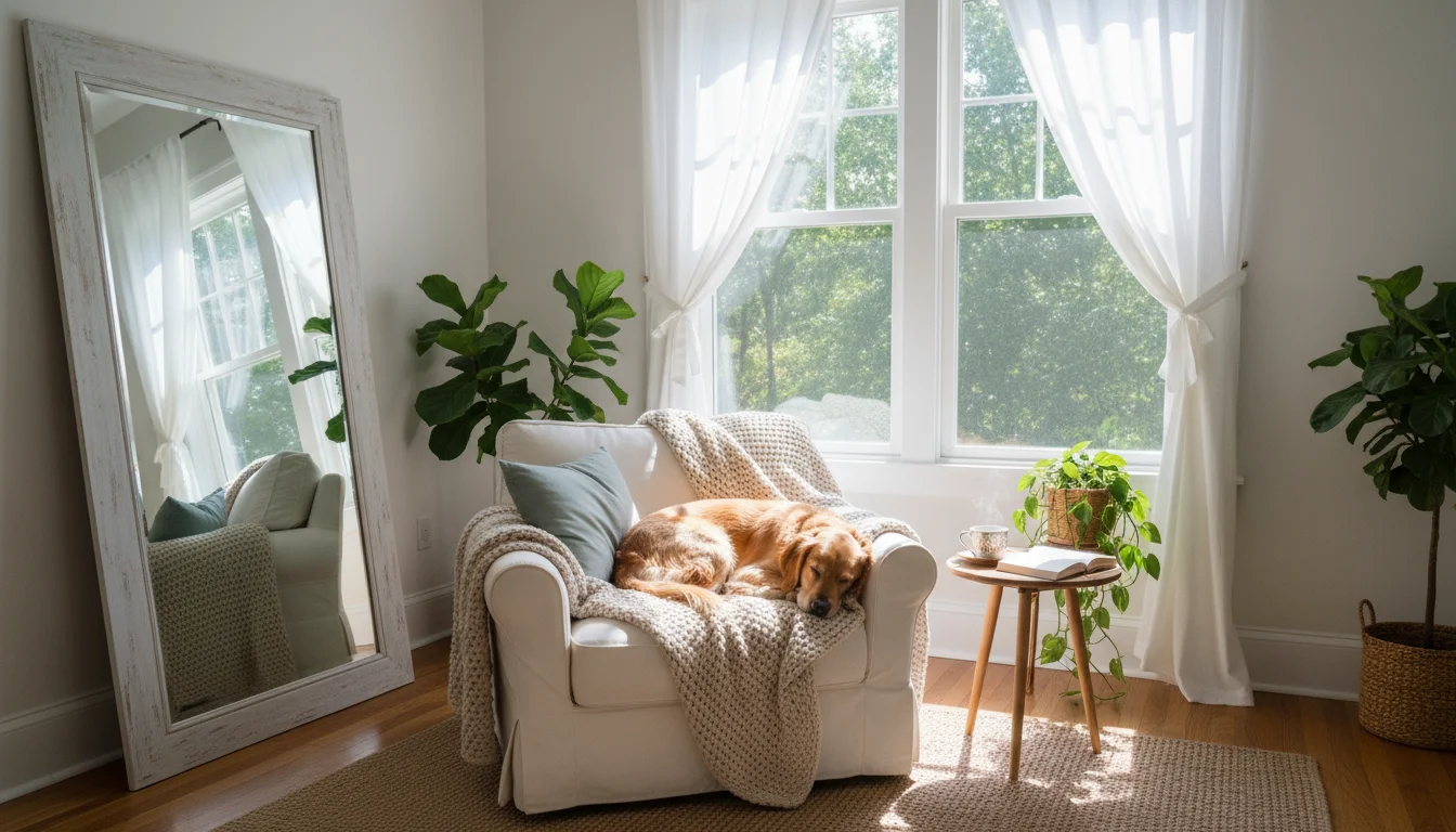 Living room corner with clean window, sheer curtains, large mirror reflecting light, and cozy armchair with light throw.