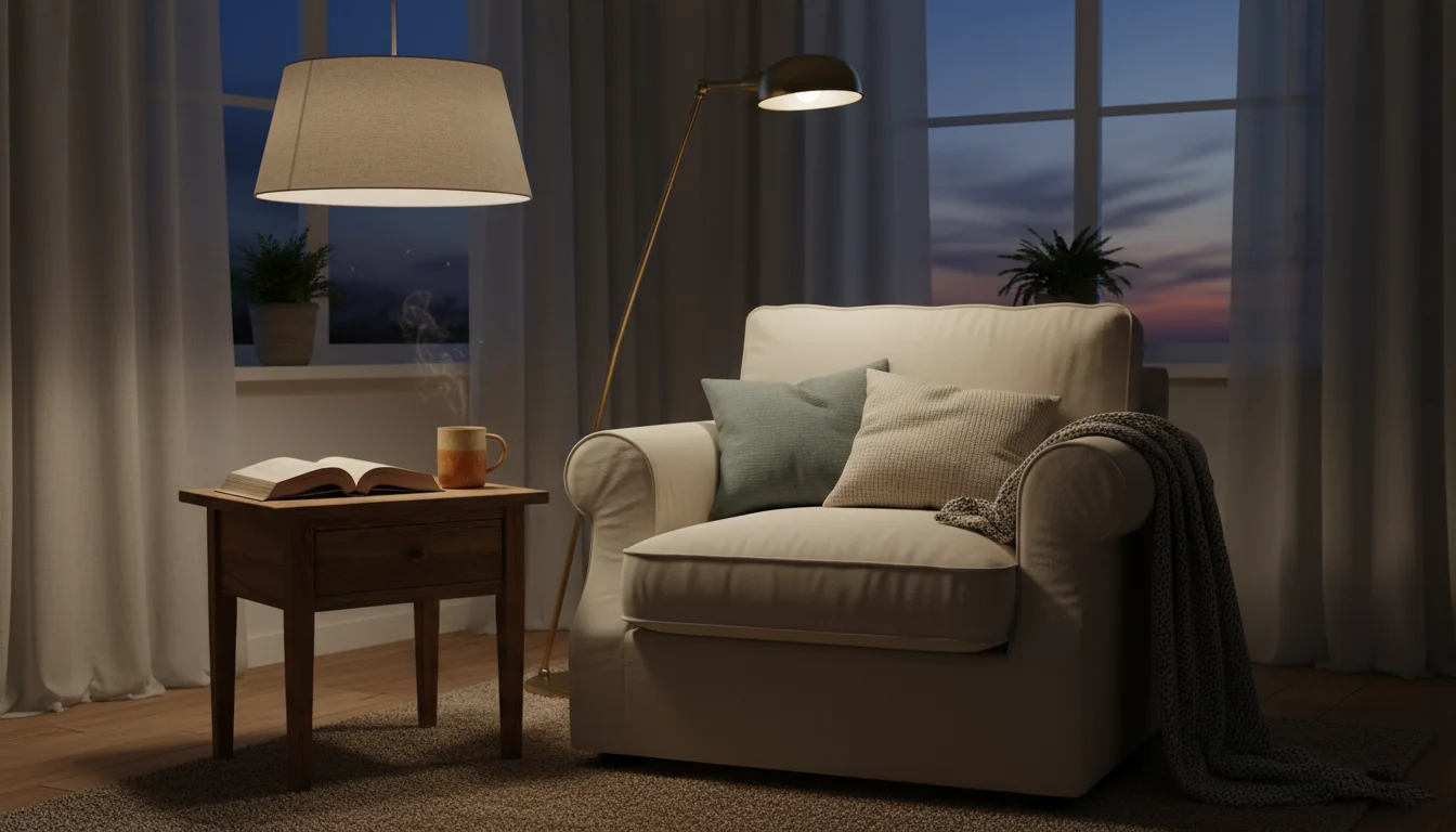 A living room corner at dusk showcasing three types of light: a pendant light, a floor lamp, and a shelf light.