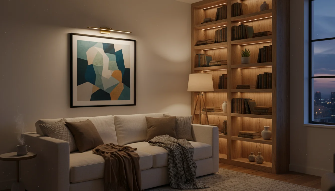 Living room corner at twilight showing a picture light on art, LED strips in a bookcase, an uplight behind a plant, and a table lamp.