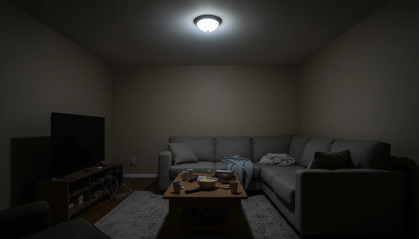 A living room lit solely by a harsh overhead flush mount fixture, creating stark shadows and a flat, uninviting atmosphere.