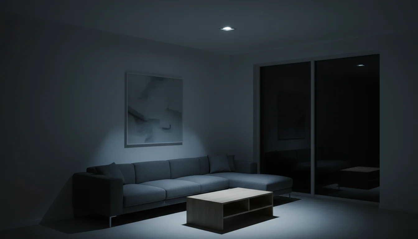 A living room at night, illuminated only by a single, harsh, cool-toned overhead light, creating stark, unwelcoming shadows.