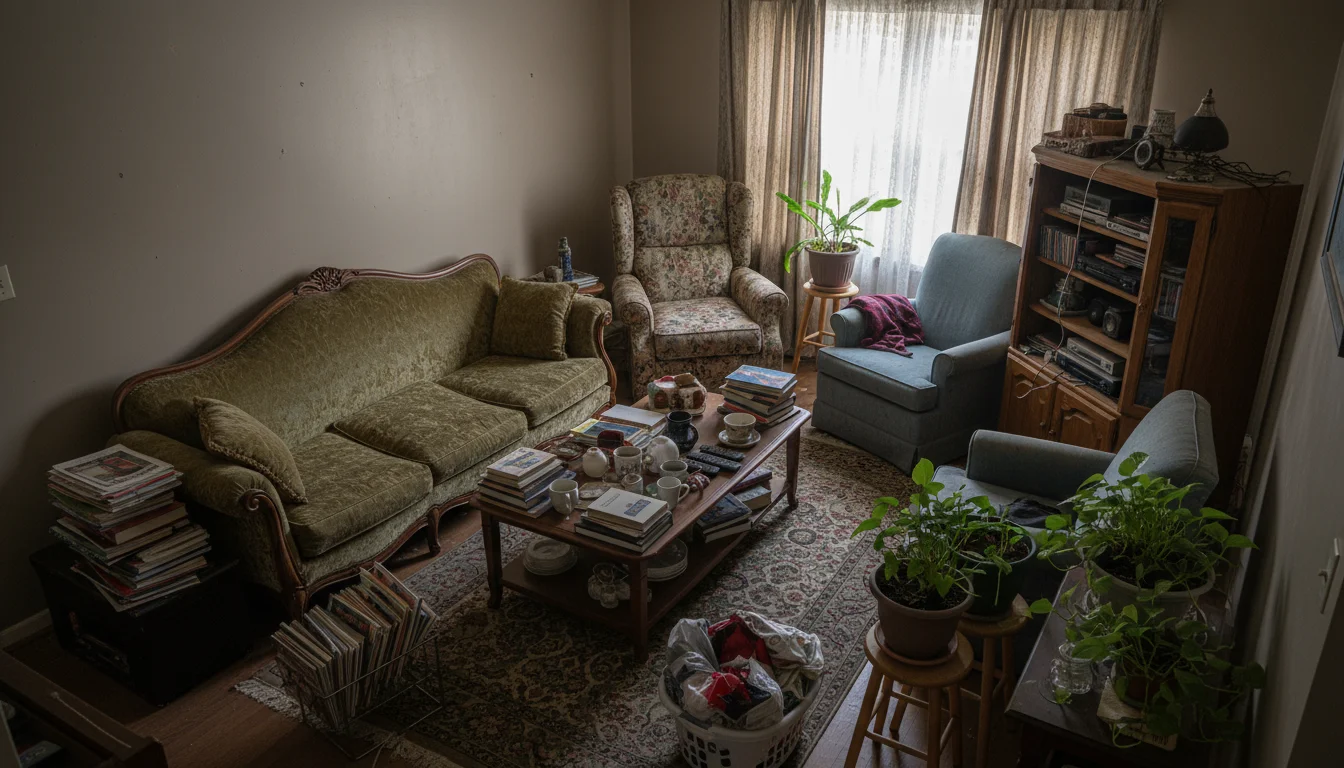 A living room packed with an excessive amount of furniture, showing cramped pathways and visual clutter from a slightly elevated view.