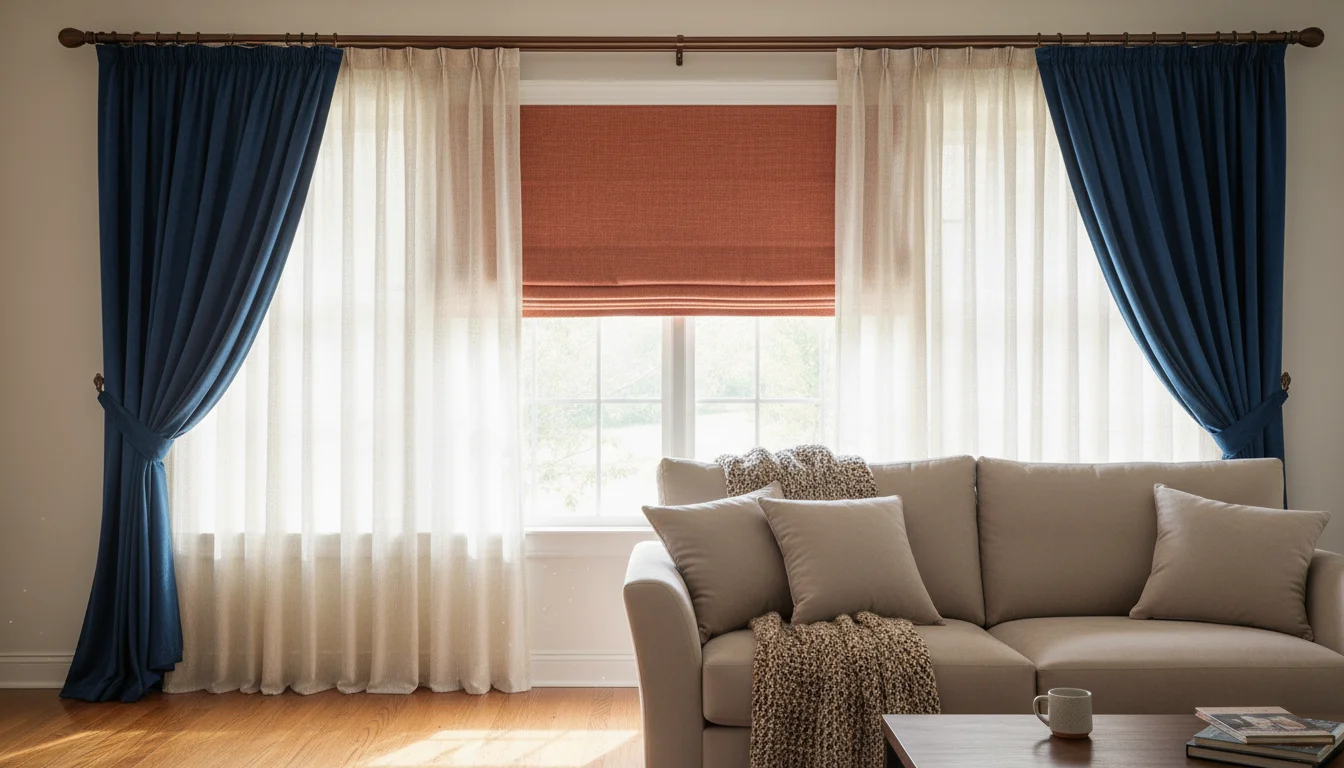 A living room window with layered treatments: sheer cream curtains, a terracotta Roman shade, and blue velvet drapes. A sofa is in front.