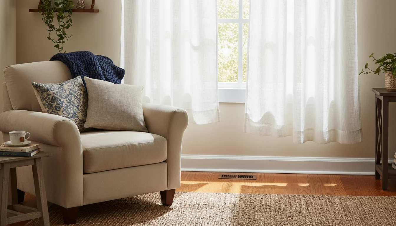 An eye-level shot of a living room window with off-white sheer curtains that are visibly too short, ending inches above the floor.