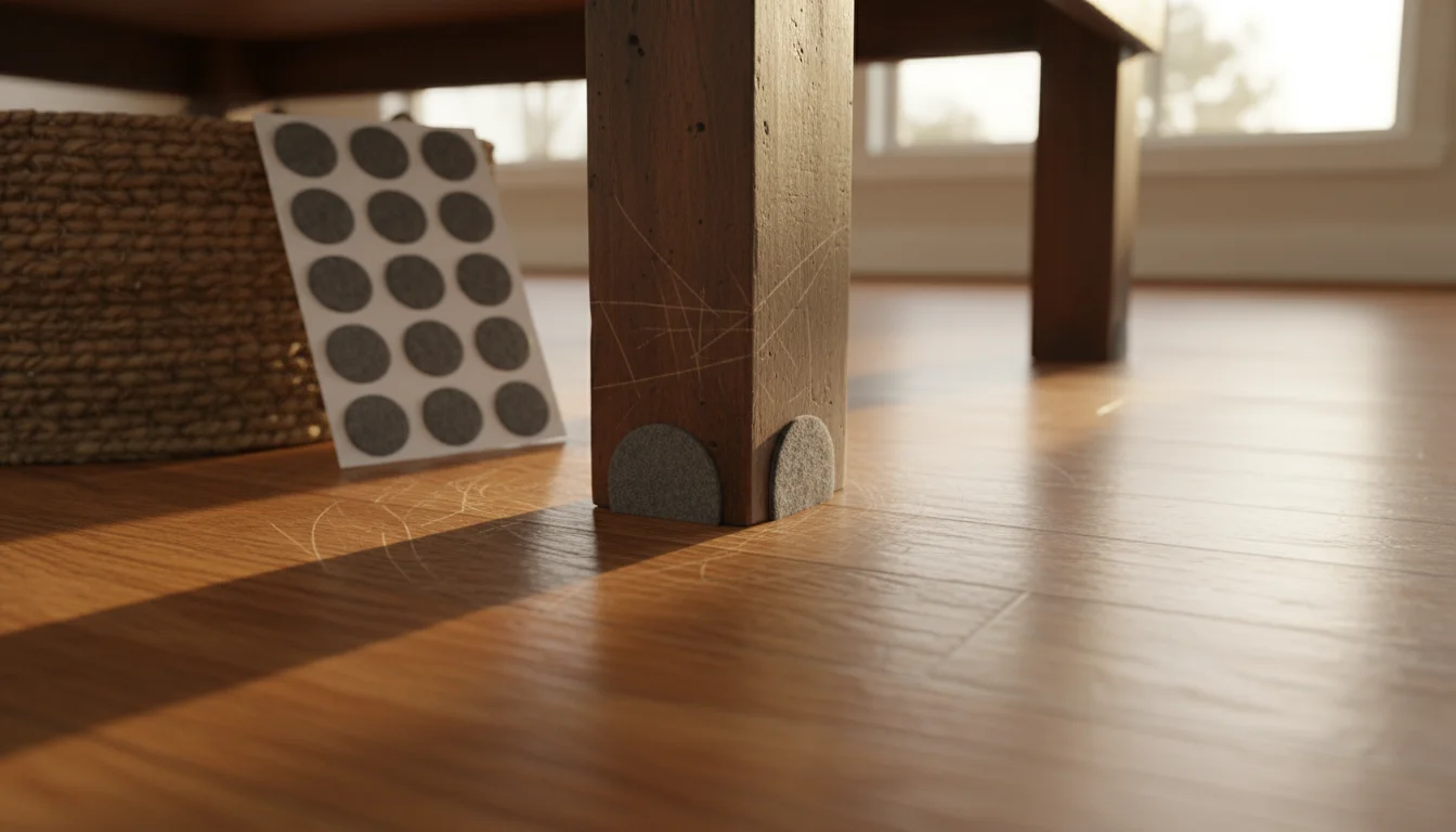 A low-angle view across a sunlit hardwood floor, showing subtle scratches near a coffee table leg with a felt pad, and new pads on a nearby basket.