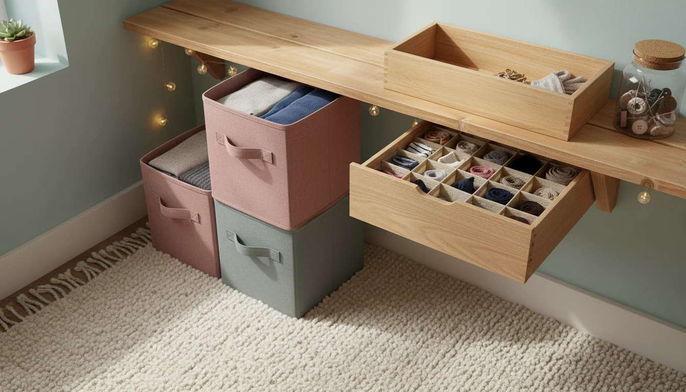 A low-angle shot in a bedroom corner shows two stackable fabric cubes, a DIY wooden drawer unit with dividers, and an under-bed storage bin.