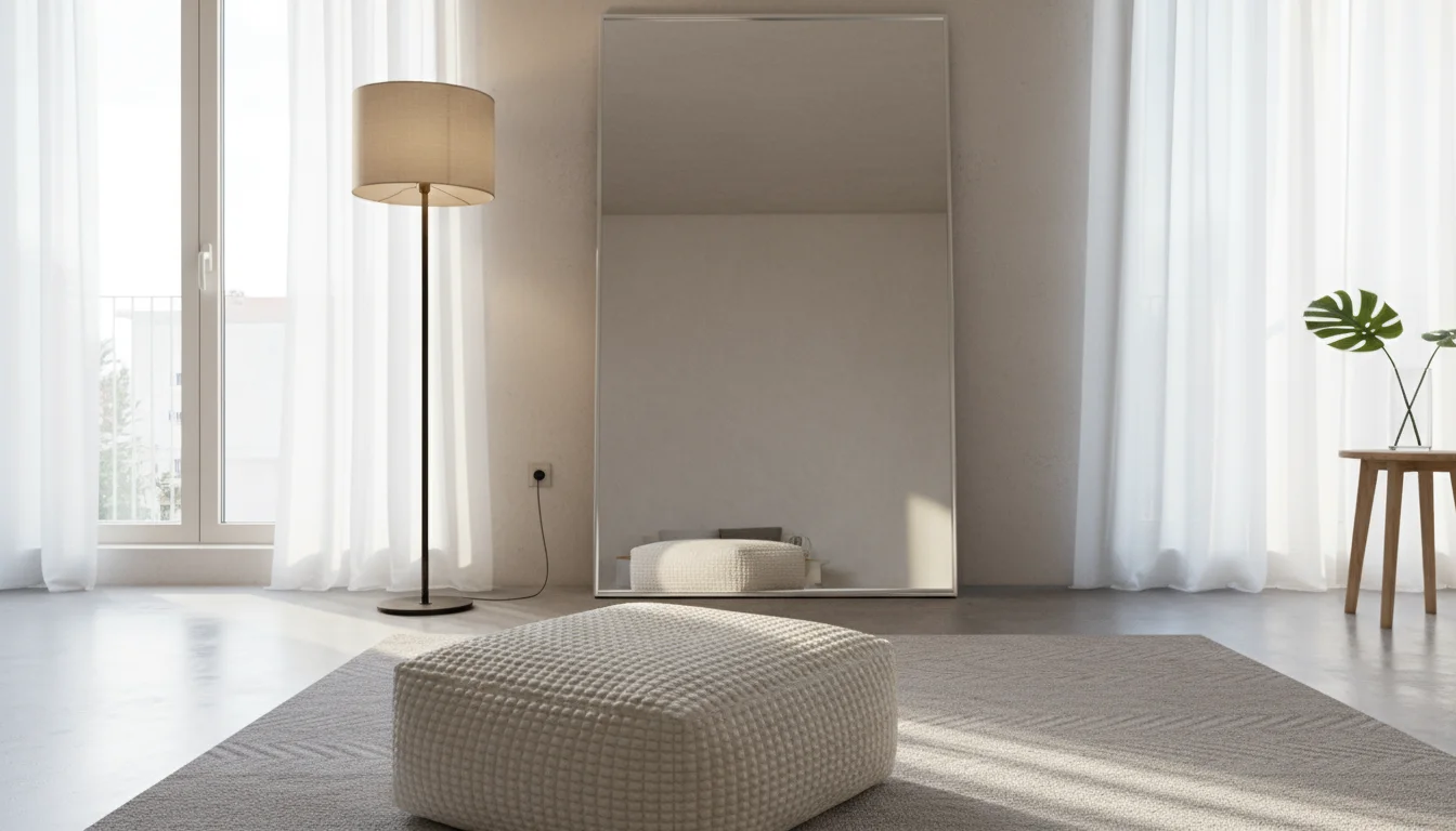 Low-angle shot of a bright studio apartment featuring a large mirror reflecting natural light, a floor lamp, and a hand adjusting its dimmer.