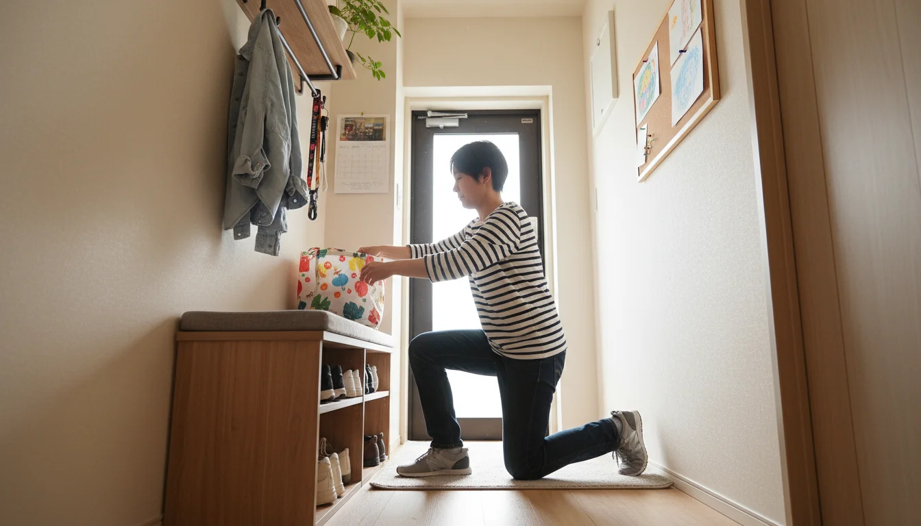 Low-angle view of a compact, organized entryway. A person kneels by a slim bench, reaching for a bag, while hooks above hold coats and keys.