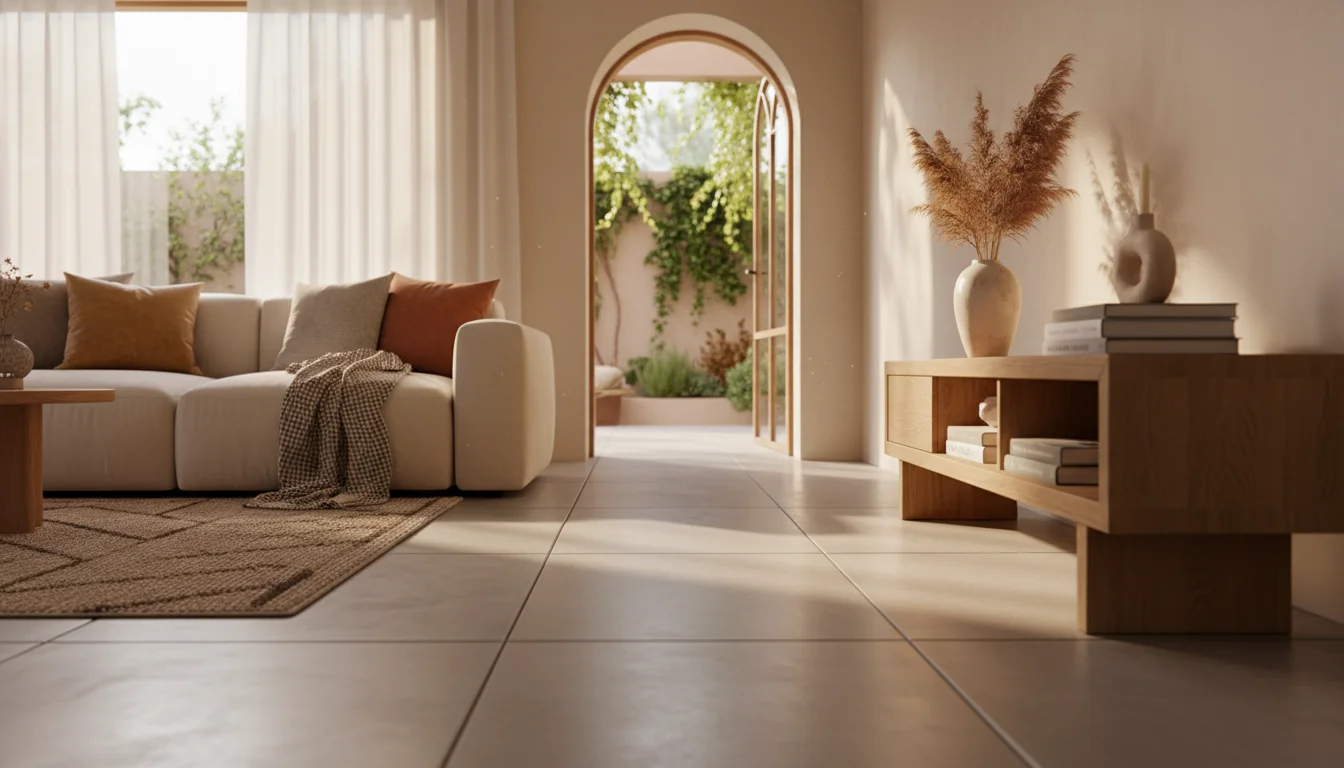 Low-angle view of a cozy living room. A clear, wide path runs between a plush sofa and a console table towards an open archway.